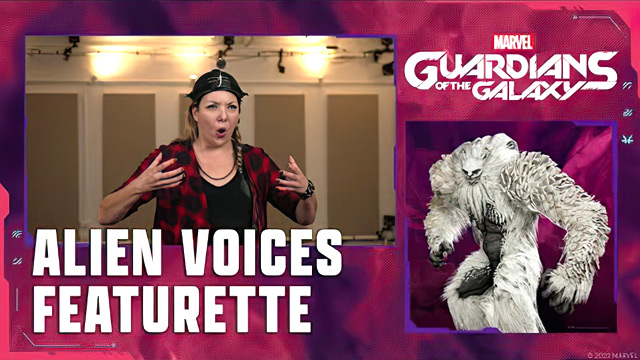 Image couverture du video nous montrant l'image  d'une actrice de voix qui performe les effets sonores vocaux de l'un de personnages daas le jeu Marvel's Gardians Of the Galaxy.
